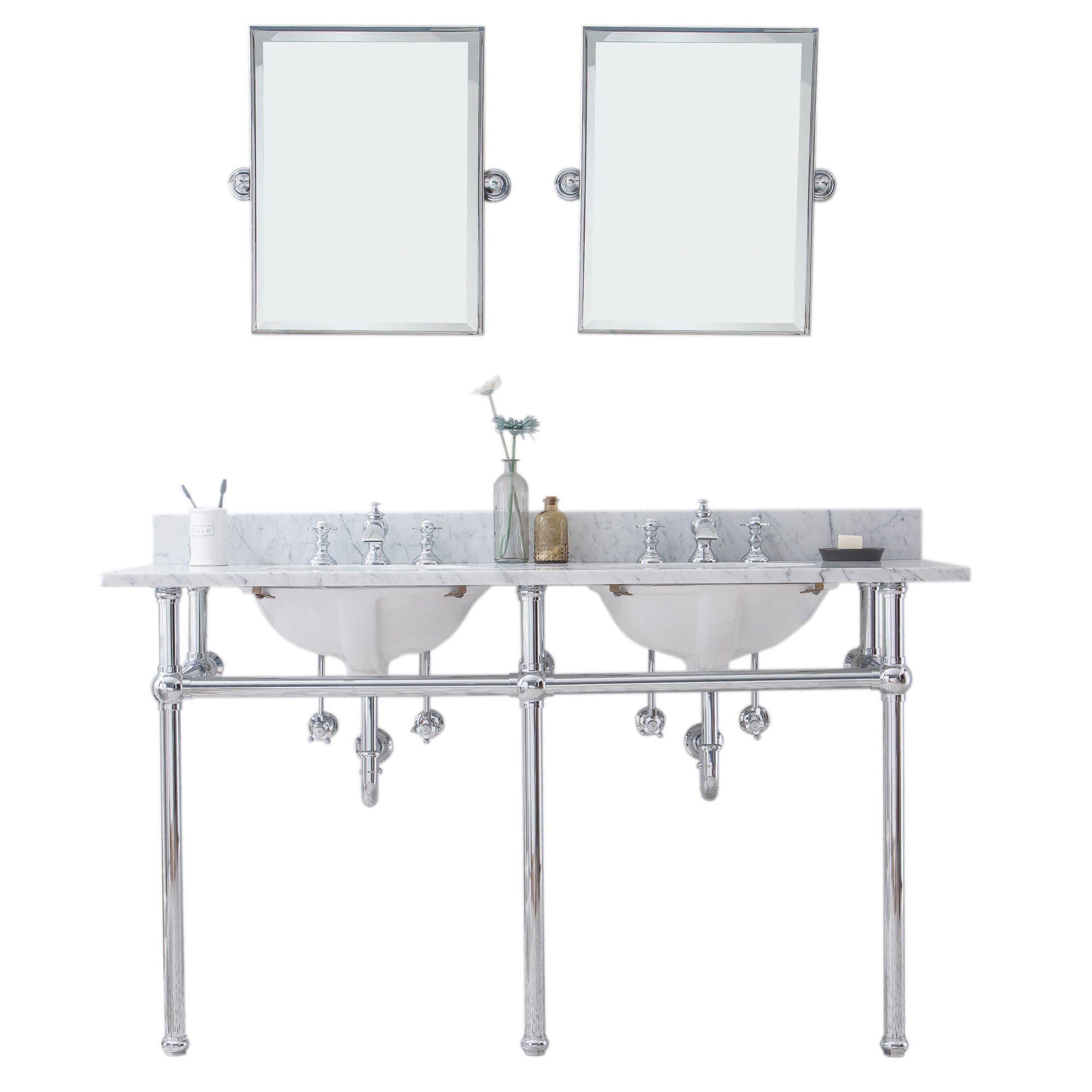 Water Creation | Embassy 60 Inch Wide Double Wash Stand, P-Trap, Counter Top with Basin, F2-0013 Faucet and Mirror included in Chrome Finish | EB60E-0113