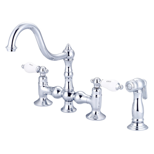 Water Creation | Bridge Style Kitchen Faucet With Side Spray To Match in Chrome Finish With Porcelain Lever Handles, Hot And Cold Labels Included | F5-0010-01-CL