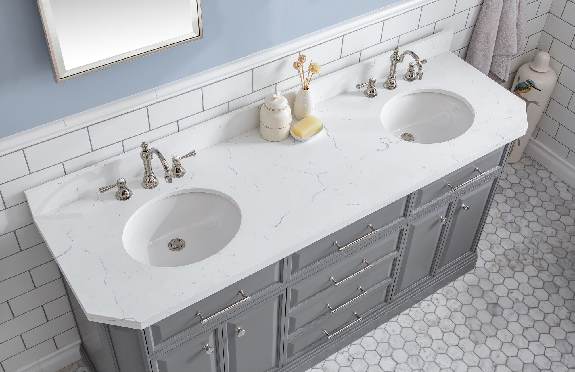 Water Creation | 72" Palace Collection Quartz Carrara Cashmere Grey Bathroom Vanity Set With Hardware And F2-0012 Faucets in Polished Nickel (PVD) Finish | PA72QZ05CG-000TL1205