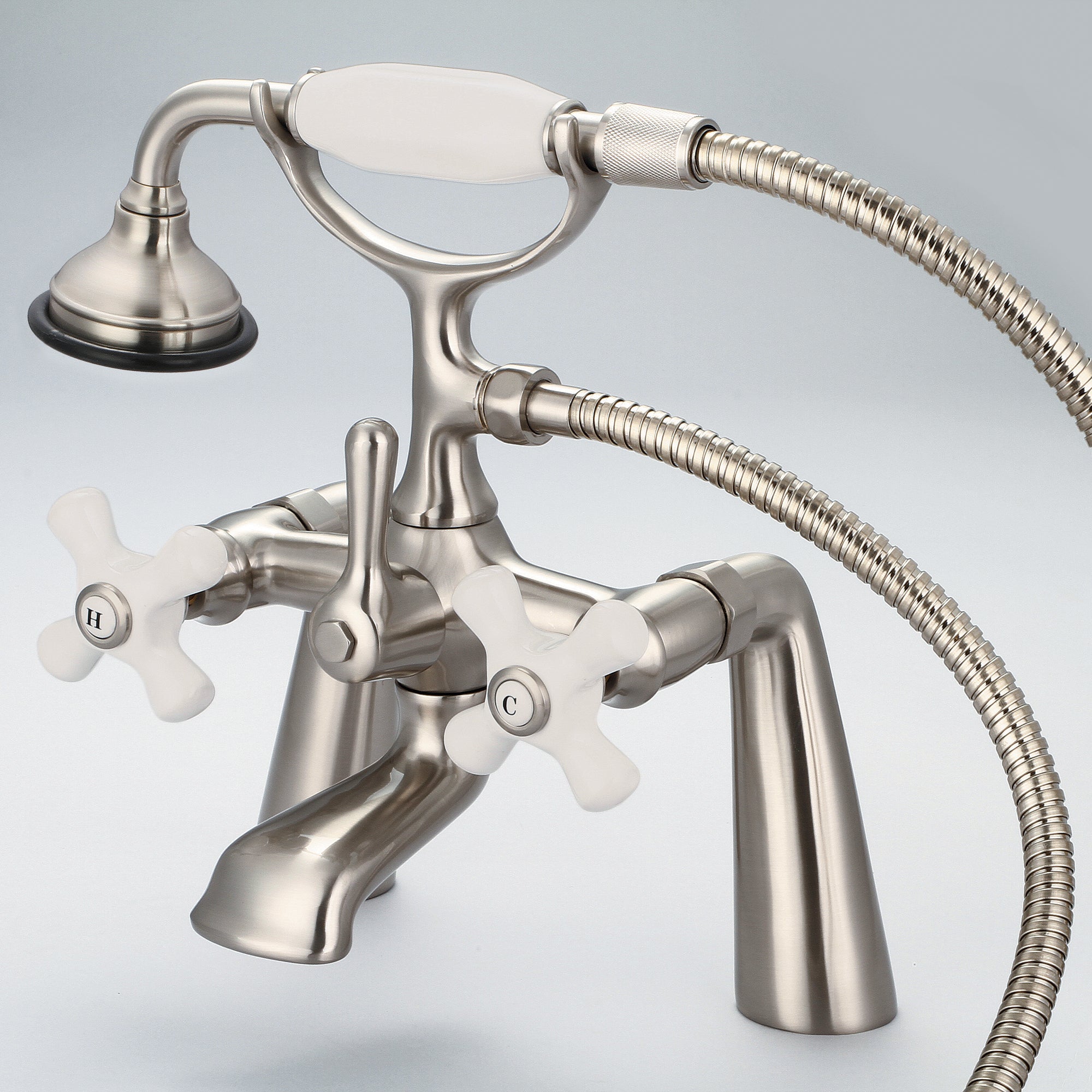 Water Creation | Vintage Classic 7 Inch Spread Deck Mount Tub Faucet With Handheld Shower in Brushed Nickel Finish With Porcelain Cross Handles, Hot And Cold Labels Included | F6-0003-02-PX