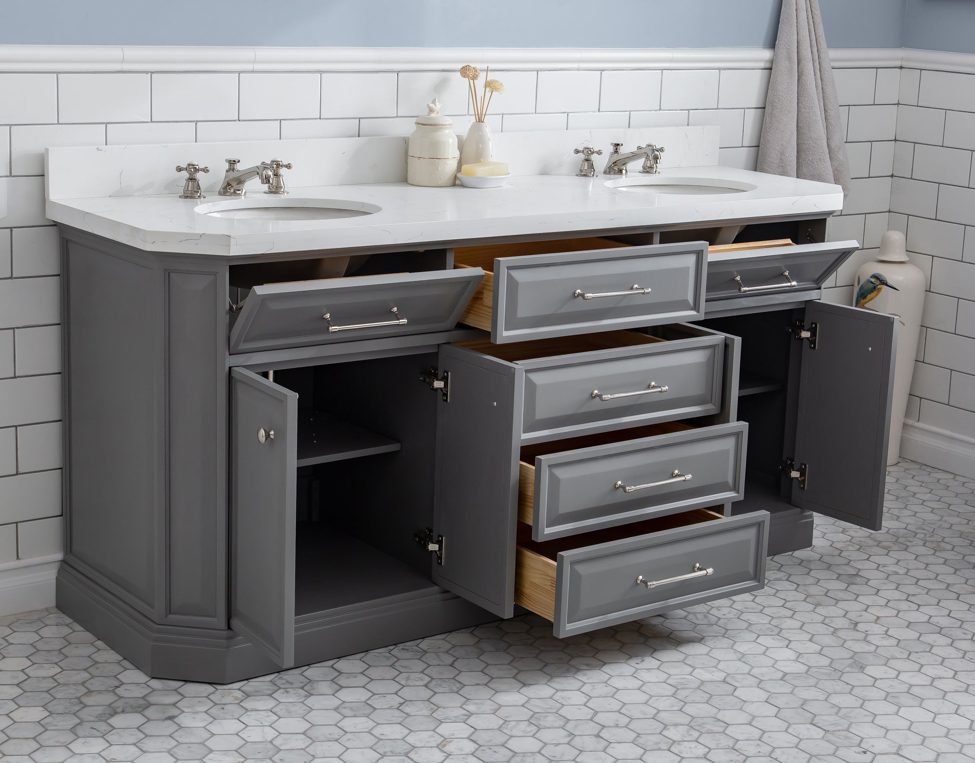 Water Creation | 72" Palace Collection Quartz Carrara Cashmere Grey Bathroom Vanity Set With Hardware in Polished Nickel (PVD) Finish | PA72QZ05CG-000000000