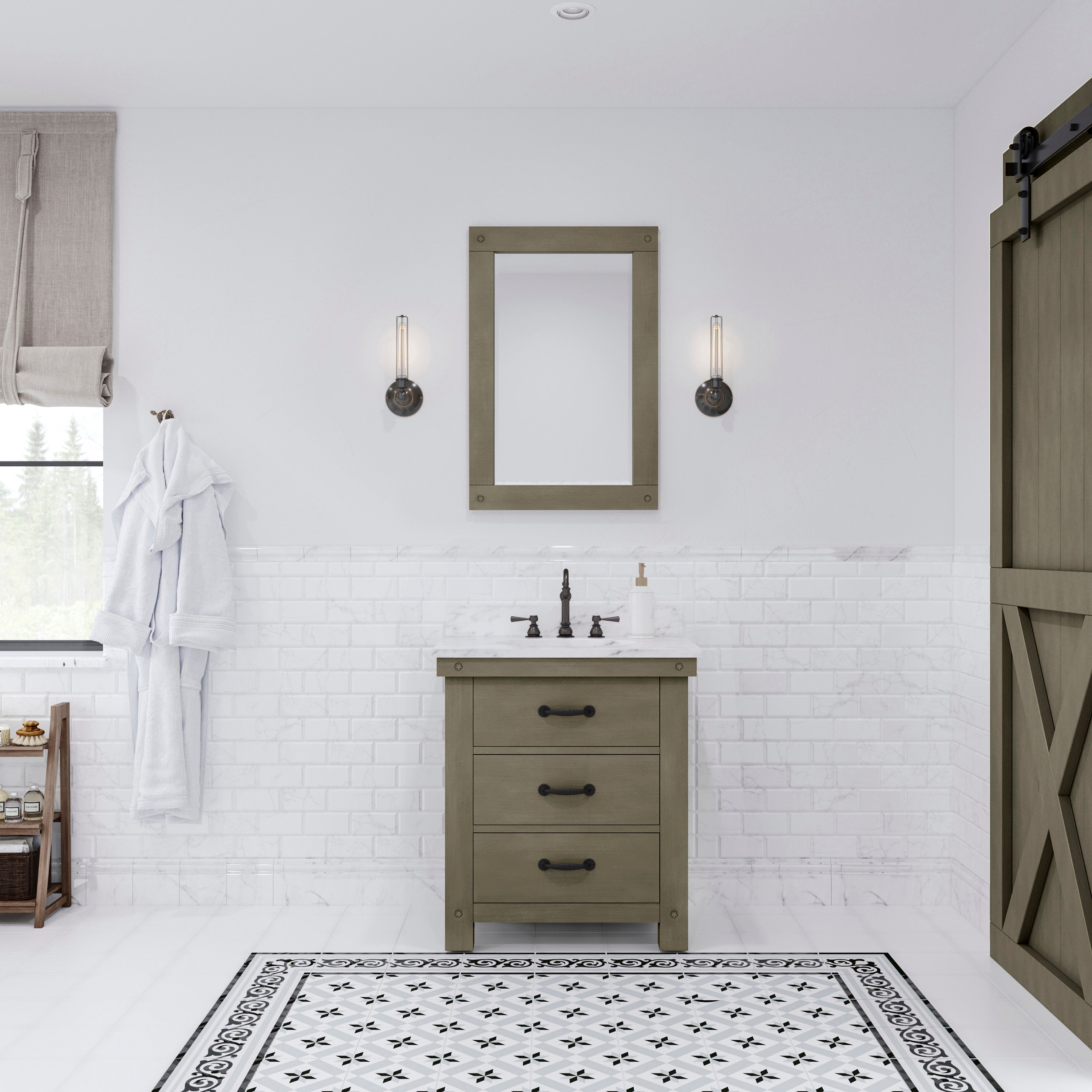 Water Creation | 30 Inch Grizzle Grey Single Sink Bathroom Vanity With Mirror And Faucet With Carrara White Marble Counter Top From The ABERDEEN Collection | AB30CW03GG-A24BX1203