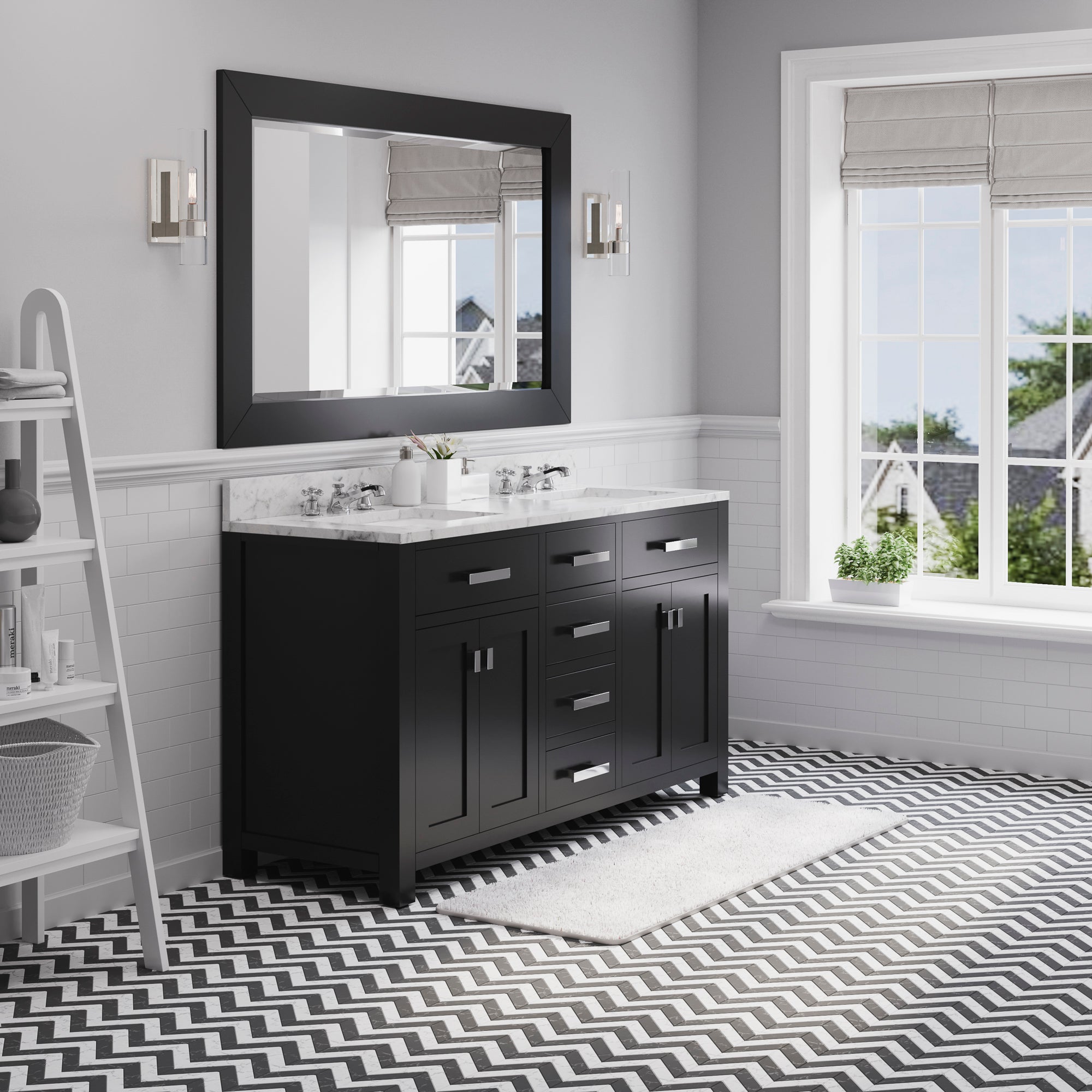 Water Creation | 60 Inch Espresso Double Sink Bathroom Vanity With Matching Framed Mirror And Faucet From The Madison Collection | MS60CW01ES-R60BX0901