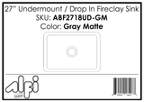 ALFI Brand - Gray Matte 27" x 18" Fireclay Undermount / Drop In Firelcay Kitchen Sink | ABF2718UD-GM