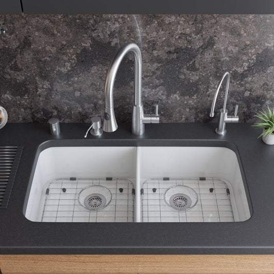 ALFI Brand - 32 inch White Double Bowl Fireclay Undermount Kitchen Sink | AB512UM-W