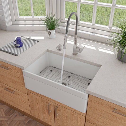 ALFI Brand - White 30" Decorative Lip Apron Single Bowl Fireclay Farmhouse Kitchen Sink | AB511-W