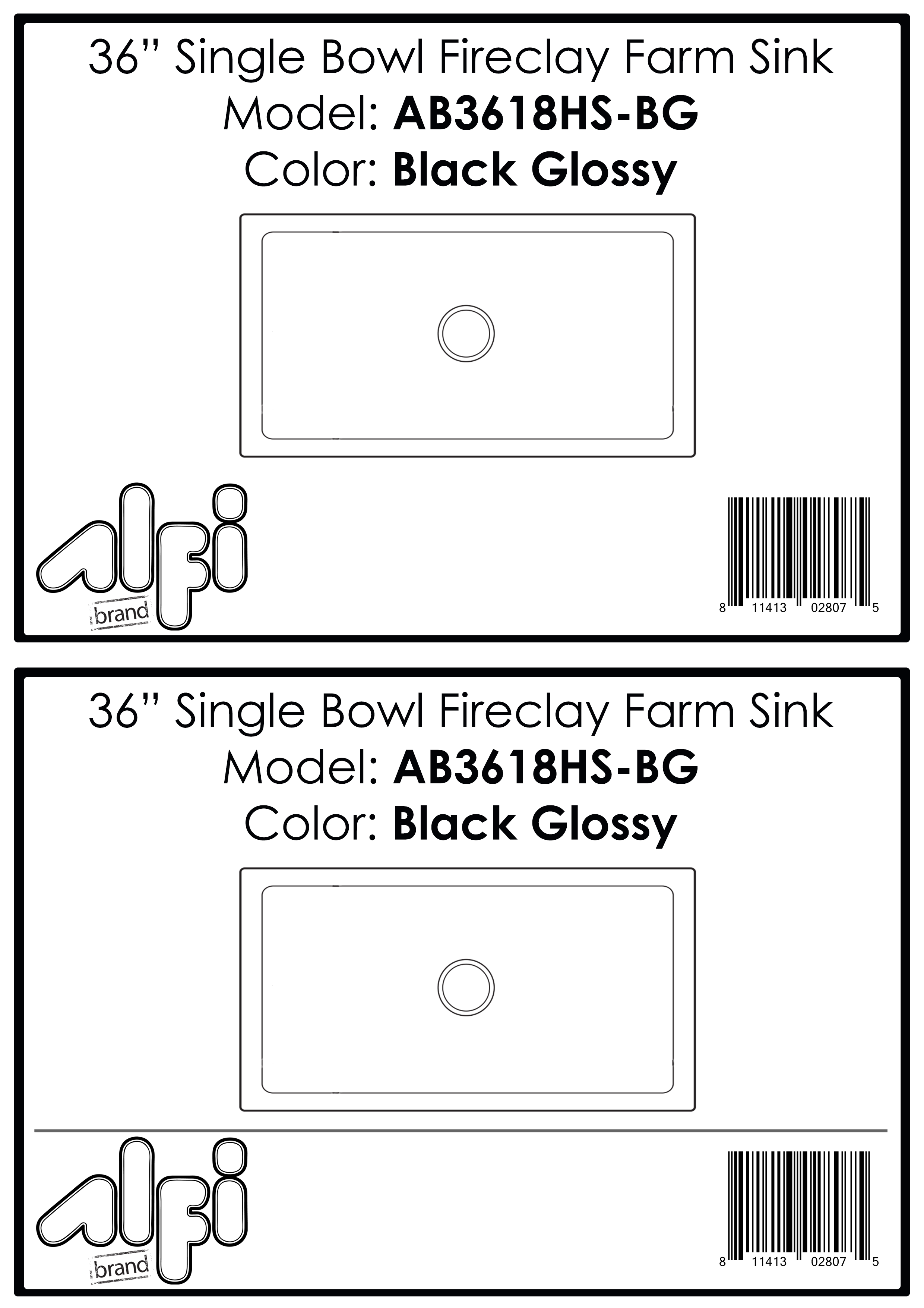 ALFI Brand - 36" Black Gloss Reversible Smooth / Fluted Single Bowl Fireclay Farm Sink | AB3618HS-BG