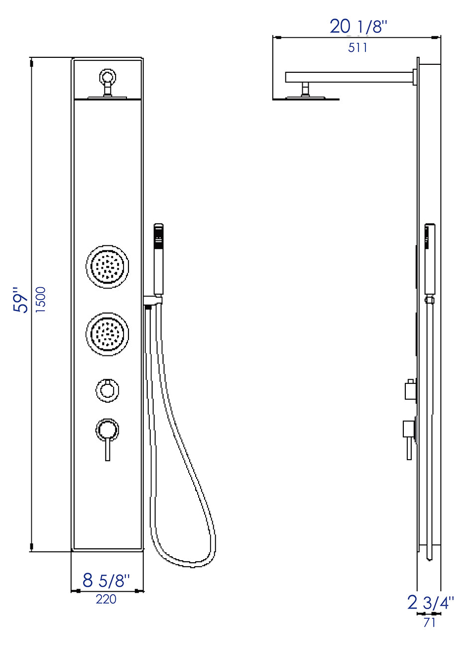 ALFI Brand - Black Glass Shower Panel with 2 Body Sprays and Rain Shower Head | ABSP55B