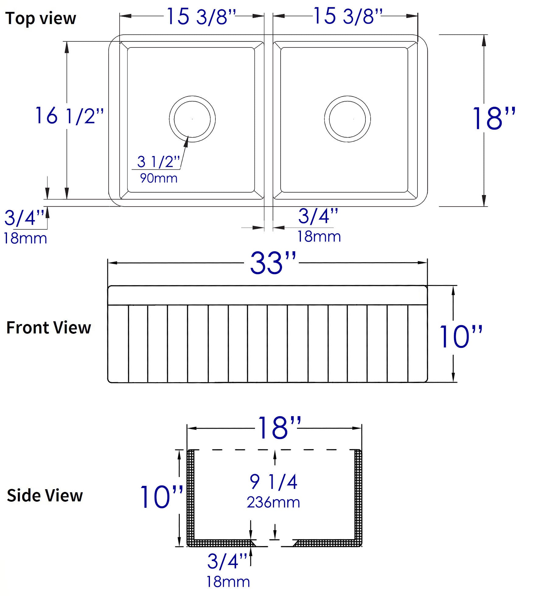 ALFI Brand - White Smooth Apron 33" x 18" Double Bowl Fireclay Farm Sink | ABF3318D-W