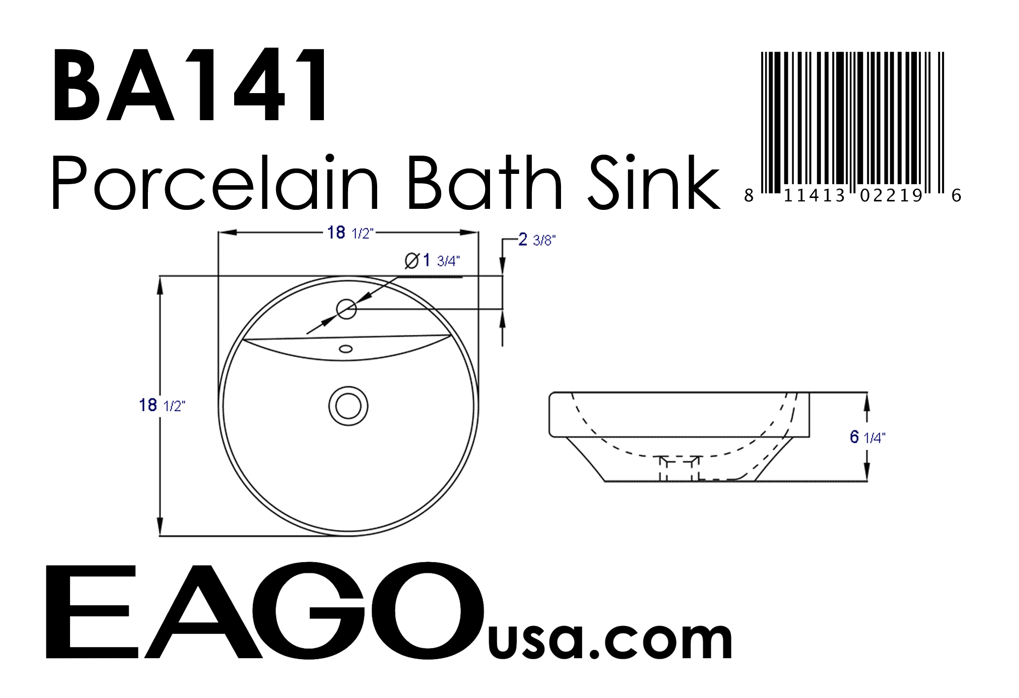 EAGO - 18" ROUND CERAMIC ABOVE MOUNT BATHROOM BASIN VESSEL SINK | BA141