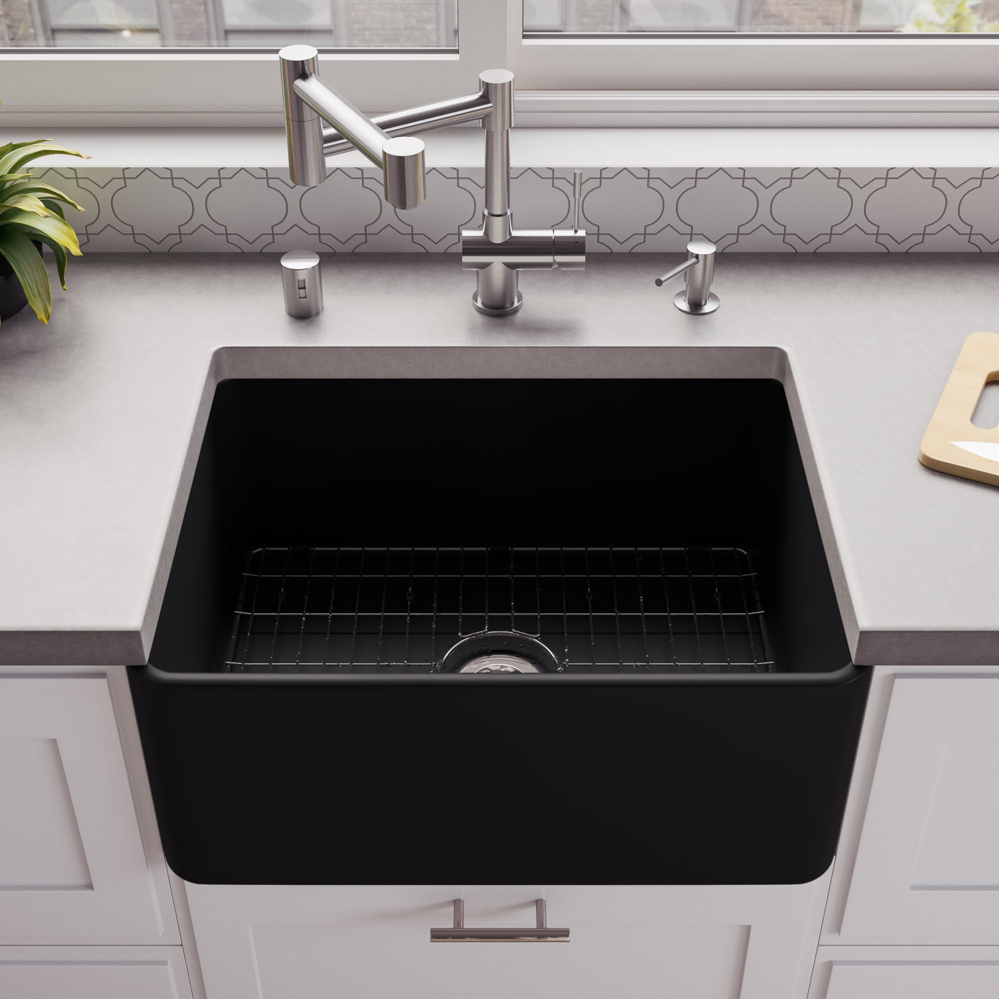 ALFI Brand - Black Matte Smooth Apron 24" x 18" Single Bowl Fireclay Farm Sink | ABF2418-BM