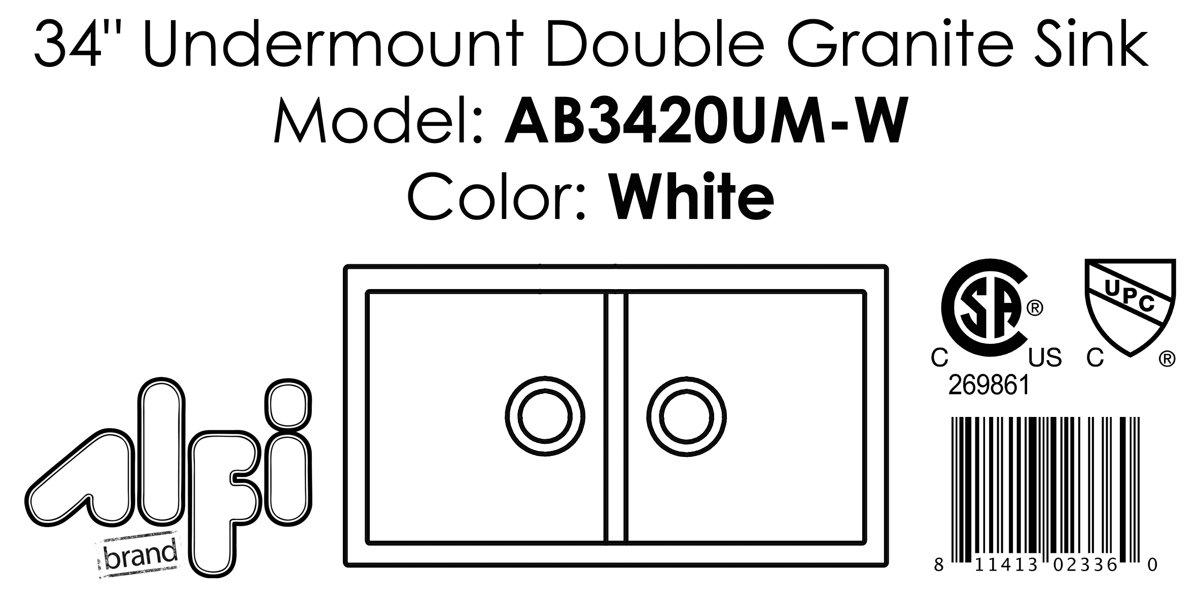 ALFI Brand - White 34" Undermount Double Bowl Granite Composite Kitchen Sink | AB3420UM-W