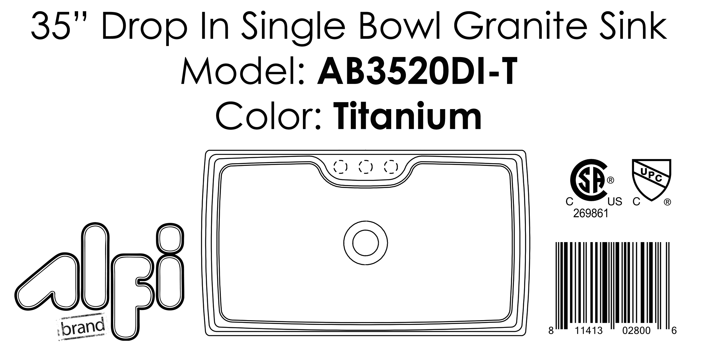 ALFI Brand - Titanium 35" Drop-In Single Bowl Granite Composite Kitchen Sink | AB3520DI-T