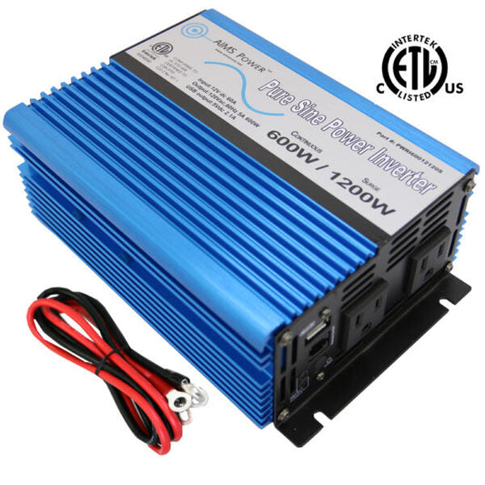 Aims Power - 600 Watt Pure Sine Power Inverter w/ USB Port ETL Listed - 12 VDC 120 VAC 60Hz - PWRI60012120S