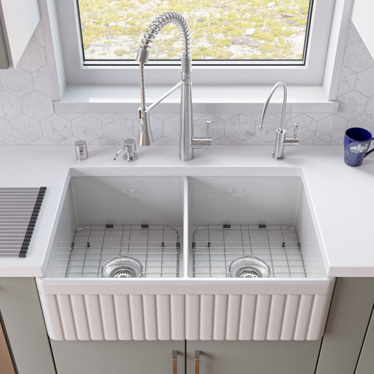 ALFI Brand - White 32" Fluted Apron Double Bowl Fireclay Farmhouse Kitchen Sink | AB537-W
