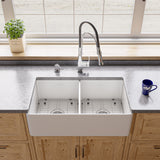 ALFI Brand - White Smooth Apron 33" x 18" Double Bowl Fireclay Farm Sink | ABF3318D-W