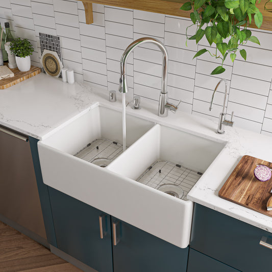 ALFI Brand - White 32" Smooth Apron Double Bowl Fireclay Farmhouse Kitchen Sink | AB538-W