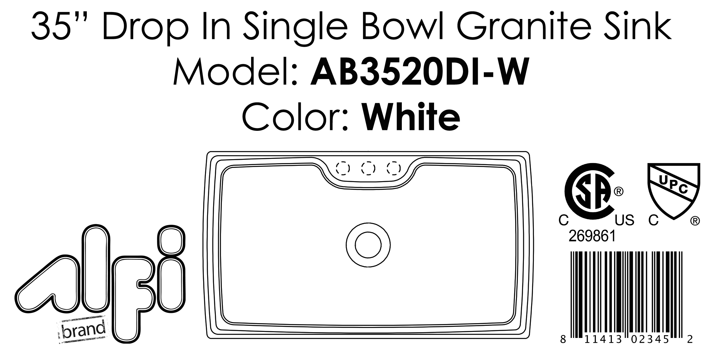 ALFI Brand - White 35" Drop-In Single Bowl Granite Composite Kitchen Sink | AB3520DI-W