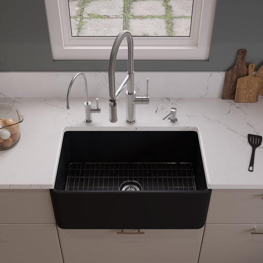 ALFI Brand - Black Matte Smooth Apron 30" x 18" Single Bowl Fireclay Farm Sink | ABF3018-BM