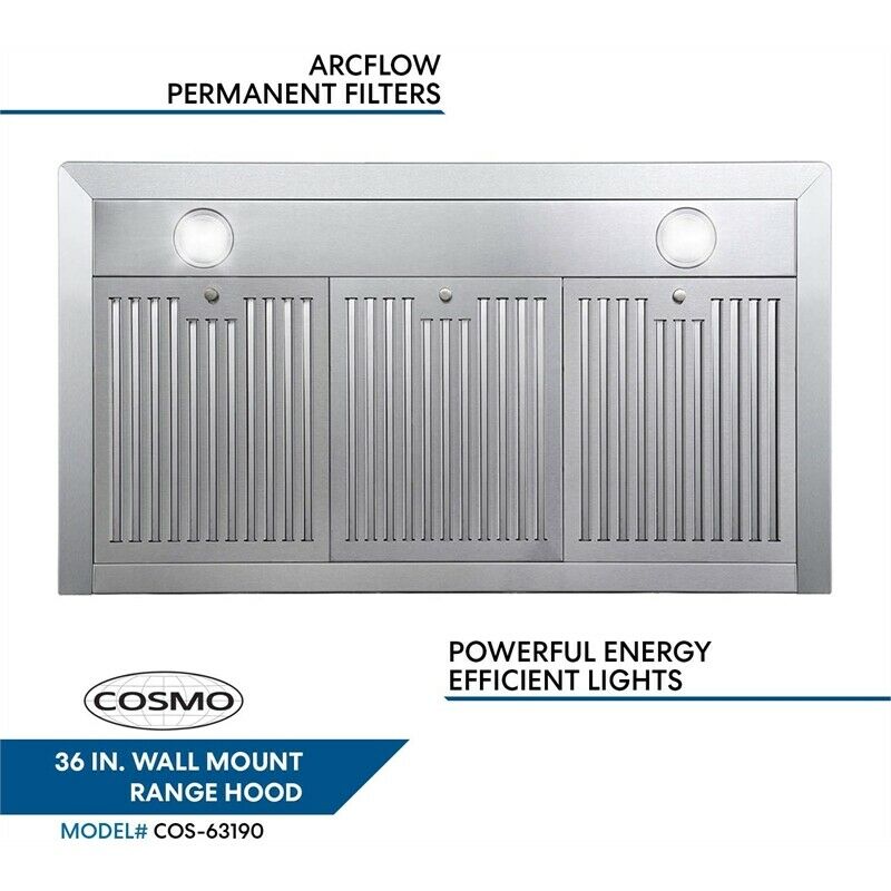 Cosmo - 36 in. Ductless Wall Mount Range Hood in Stainless Steel with LED Lighting and Carbon Filter Kit for Recirculating | COS-63190S-DL