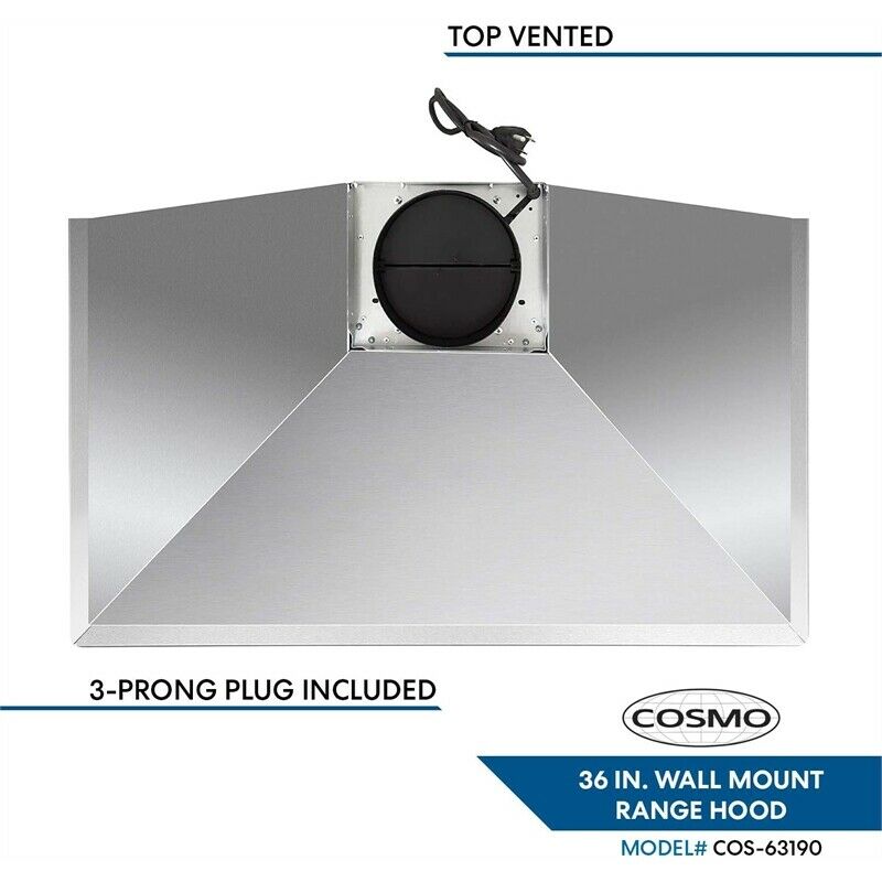 Cosmo - 36 in. Ductless Wall Mount Range Hood in Stainless Steel with LED Lighting and Carbon Filter Kit for Recirculating | COS-63190S-DL