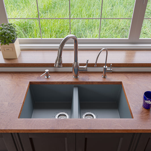 ALFI Brand - Titanium 34" Undermount Double Bowl Granite Composite Kitchen Sink | AB3420UM-T