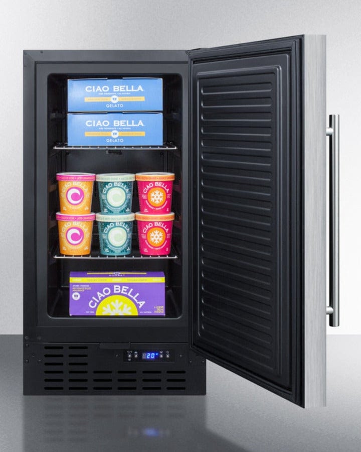 Summit All-Freezer 18 Inch Undercounter Freezer with 2.7 cu. ft. Capacity, 4 Wire Shelves, Frost-Free Defrost, Digital Thermostat, Door Lock and Reversible Door Swing: Stainless Steel Door
