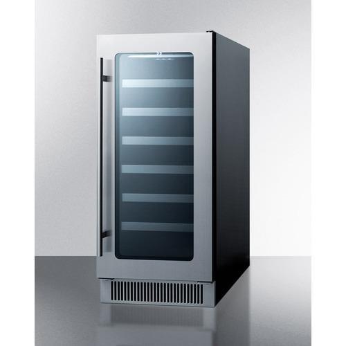 Summit Classic Undercounter Beverage Center 15 Inch Undercounter Wine Cellar with 34-Bottle Capacity, Stainless Steel Trimmed Wooden Shelves, Temperature Alarm, Energy Conservation Mode and LED Lighting: Black Cabinet