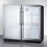 Summit Commercial Back Bar Beverage Center 36 Inch Commercial Beverage Merchandiser with Self-Closing Glass Doors, Digital Thermostat, Automatic Defrost, Factory-Installed Locks, Adjustable Shelves, Interior Light, CFC Free and 7.4 cu. ft. Capacity: Stainless Steel Cabinet