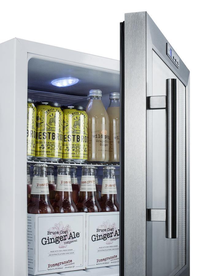 Summit Commercial Compact Beverage Center 17 Inch Commercial Undercounter Refrigerator with Adjustable Chrome Shelves, Double Pane Tempered Glass Door, Digital Thermostat, Door Lock, LED Lighting, Automatic Defrost and Professional Handle: White Cabinet