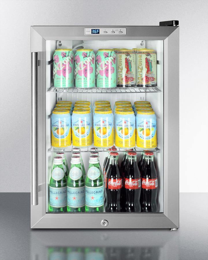 Summit Commercial Compact, Built-In Beverage Center 18 Inch Built-in Capable Beverage Center with Recessed LED Lighting, Factory Installed Lock, Digital Thermostat, Automatic Defrost, Adjustable Chrome Shelves, Commercially Listed, 100% CFC Free and 2.5 cu. ft. Capacity: Stainless Steel Cabinet