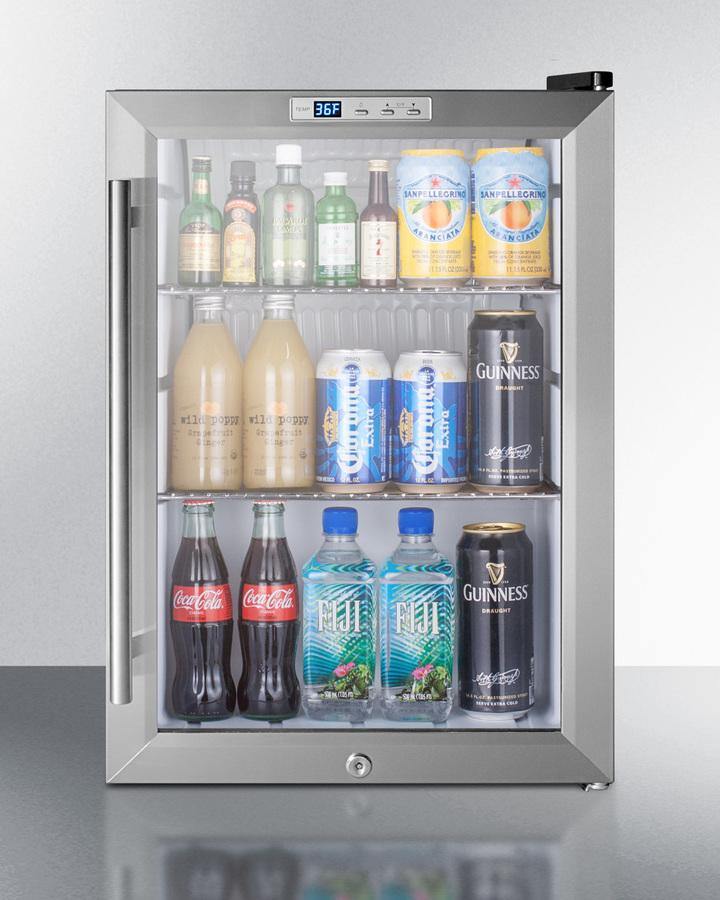 Summit Commercial Compact, Built-In Beverage Center 18 Inch Built-in Capable Beverage Center with Recessed LED Lighting, Factory Installed Lock, Digital Thermostat, Automatic Defrost, Adjustable Chrome Shelves, Commercially Listed, 100% CFC Free and 2.5 cu. ft. Capacity: Black Cabinet