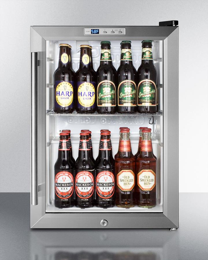 Summit Commercial Compact Pub Cellar 17 Inch Freestanding Commercially Approved Beverage Center with 2.5 cu. ft. of Capacity, 4 Adjustable Chrome Shelves, Automatic Defrost, Double Pane Tempered Glass Door, Professional Handle, LED Lighting and Door Lock: Stainless Steel Cabinet