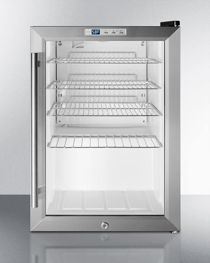 Summit Commercial Compact Pub Cellar 17 Inch Freestanding Commercially Approved Beverage Center with 2.5 cu. ft. of Capacity, 4 Adjustable Chrome Shelves, Automatic Defrost, Double Pane Tempered Glass Door, Professional Handle, LED Lighting and Door Lock: Black Cabinet