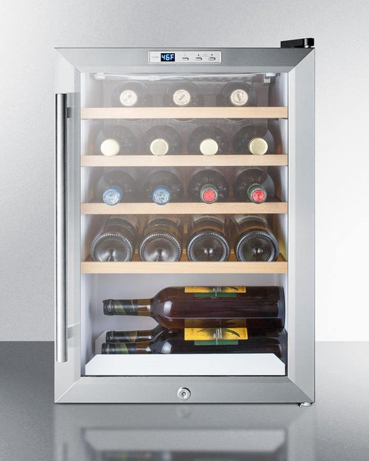 Summit Commercial Compact Wine Cellar 18 Inch Undercounter Wine Cellar with 22 Bottle Capacity, 4 Adjustable Wooden Shelves, Digital Thermostat, LED Lighting, Vertical Storage Option and Automatic Defrost: Stainless Steel