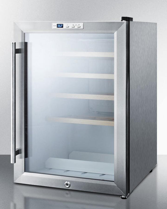 Summit Commercial Compact Wine Cellar 18 Inch Undercounter Wine Cellar with 22 Bottle Capacity, 4 Adjustable Wooden Shelves, Digital Thermostat, LED Lighting, Vertical Storage Option and Automatic Defrost: Stainless Steel