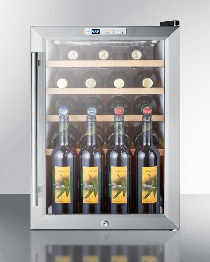 Summit Commercial Compact Wine Cellar 2.5 cu. ft. Countertop Wine Cellar with 22 Bottle Capacity, 4 Adjustable Wooden Shelves, Digital Thermostat, LED Lighting, Vertical Storage Option and Automatic Defrost: Black