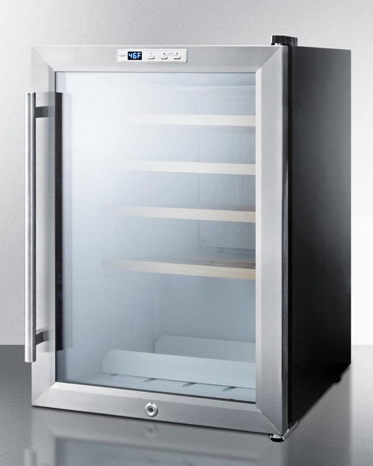 Summit Commercial Compact Wine Cellar 2.5 cu. ft. Countertop Wine Cellar with 22 Bottle Capacity, 4 Adjustable Wooden Shelves, Digital Thermostat, LED Lighting, Vertical Storage Option and Automatic Defrost: Black