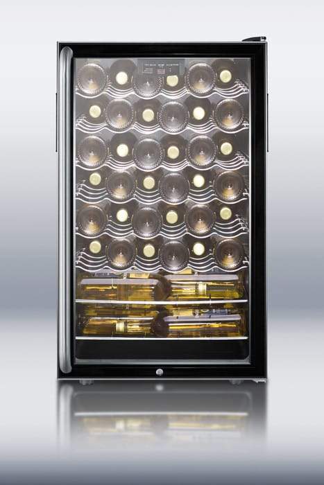Summit Commercial Freestanding, ADA Wine Cellars 4.5 cu. ft. Freestanding Commercial Wine Cellar with 40 Bottle Capacity, ADA-Compliant Height, 6 Scalloped Shelves, 2 Flat Shelves, Automatic Defrost, Interior Lighting and Reversible Door Hinge: Long Towel Bar Handle