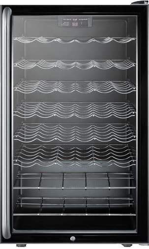 Summit Commercial Freestanding, ADA Wine Cellars 4.5 cu. ft. Freestanding Commercial Wine Cellar with 40 Bottle Capacity, ADA-Compliant Height, 6 Scalloped Shelves, 2 Flat Shelves, Automatic Defrost, Interior Lighting and Reversible Door Hinge: Long Towel Bar Handle