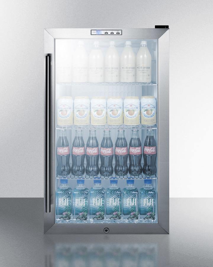 Summit Commercial Freestanding Beverage Center 19 Inch Commercial Beverage Center with 3.35 cu. ft. Capacity, 4 Adjustable Wire Shelves, LED Lighting, Digital Thermostat, Door Lock, Professional Handle and Automatic Defrost: Freestanding, Black Cabinet