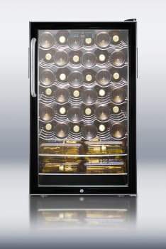 Summit Commercial Freestanding Wine Cellars 4.5 cu. ft. Freestanding Commercial Wine Cellar with 40 Bottle Capacity, 6 Scalloped Shelves, 2 Flat Shelves, Automatic Defrost, Interior Lighting and Reversible Door Hinge: Short Towel Bar Handle
