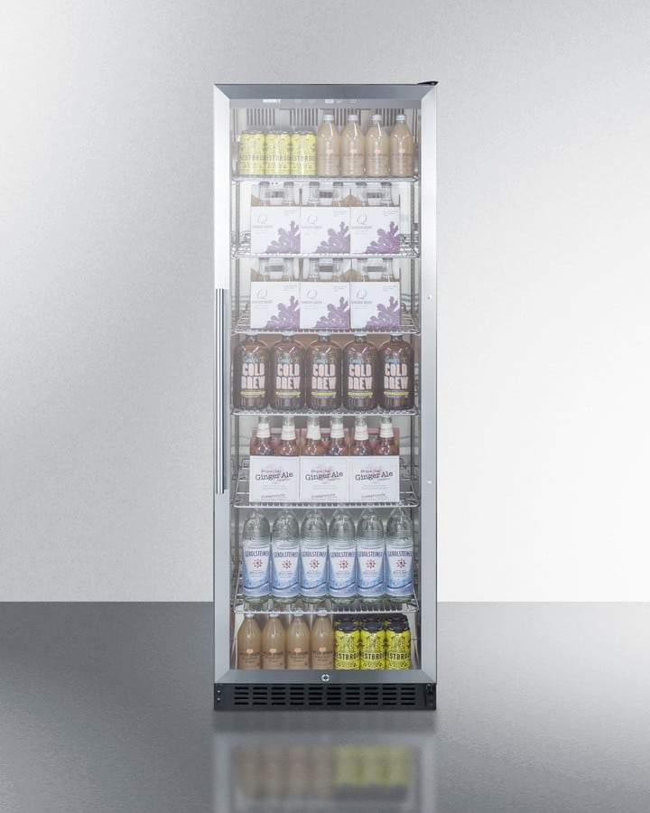 Summit Commercial Full Size Beverage Center 24 Inch Commercial Beverage Center with 12.6 Cu. Ft. Capacity, Stainless Steel Interior, Digital Thermostat, LED Lighting, Self Closing Door, Sabbath Mode, Lock, Tempered Glass Door, 100% CFC Free, and ETL-S, NSF-7 Listed