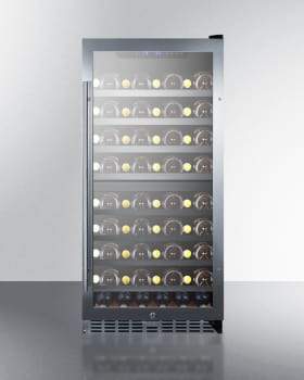 Summit Full Size Wine Cellars 24 Inch Freestanding Wine Cellar with 62 Bottle Capacity, Two Temperature Zones, Slide-Out Shelves, Tempered Glass Door, Digital Thermostat, Factory Installed Lock, Active Carbon Filter, Reversible Door, Automatic Defrost and 100% CFC Free