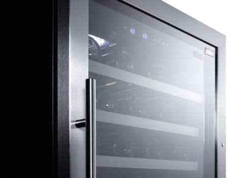 Summit Full Size Wine Cellars 24 Inch Freestanding Wine Cellar with 62 Bottle Capacity, Two Temperature Zones, Slide-Out Shelves, Tempered Glass Door, Digital Thermostat, Factory Installed Lock, Active Carbon Filter, Reversible Door, Automatic Defrost and 100% CFC Free