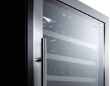 Summit Full Size Wine Cellars 24 Inch Freestanding Wine Cellar with 62 Bottle Capacity, Two Temperature Zones, Slide-Out Shelves, Tempered Glass Door, Digital Thermostat, Factory Installed Lock, Active Carbon Filter, Reversible Door, Automatic Defrost and 100% CFC Free