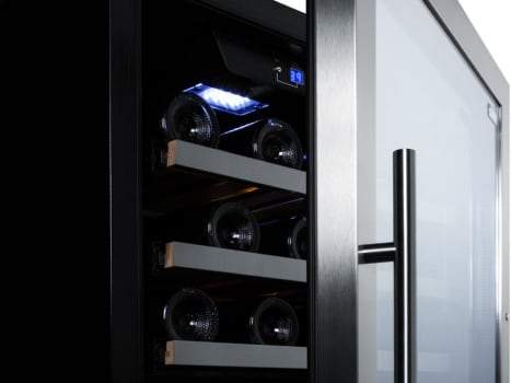Summit Full Size Wine Cellars 24 Inch Freestanding Wine Cellar with 62 Bottle Capacity, Two Temperature Zones, Slide-Out Shelves, Tempered Glass Door, Digital Thermostat, Factory Installed Lock, Active Carbon Filter, Reversible Door, Automatic Defrost and 100% CFC Free
