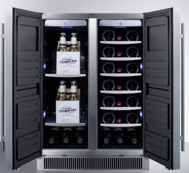 Summit Undercounter Wine and Beverage 24 Inch Freestanding/Built-In French Door Wine and Beverage Center with 21 Bottle Capacity, 9 Shelves, Two Temperature Zones, Digital Thermostat and Automatic Defrost