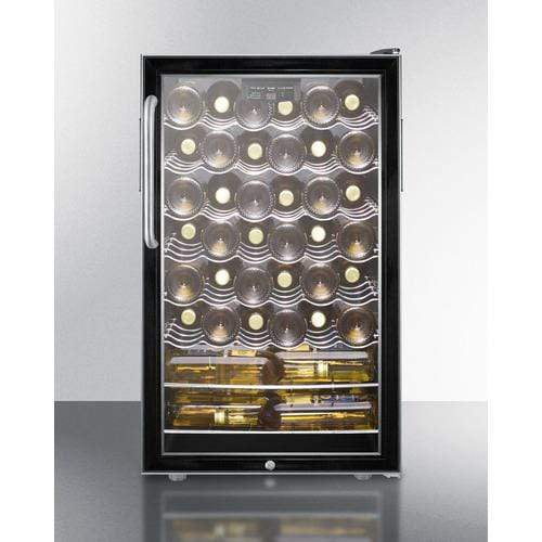 Summit Undercounter Wine Cellars 4.5 cu. ft. Freestanding Wine Cellar with 40 Bottle Capacity, 6 Scalloped Shelves, 2 Flat Shelves, Automatic Defrost, Interior Lighting and Reversible Door Hinge: Short Towel Bar Handle, Stainless Steel Exterior Cabinet