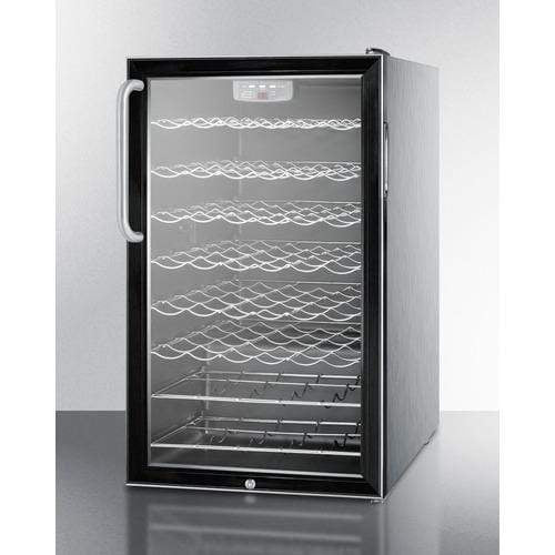 Summit Undercounter Wine Cellars 4.5 cu. ft. Freestanding Wine Cellar with 40 Bottle Capacity, 6 Scalloped Shelves, 2 Flat Shelves, Automatic Defrost, Interior Lighting and Reversible Door Hinge: Short Towel Bar Handle, Stainless Steel Exterior Cabinet